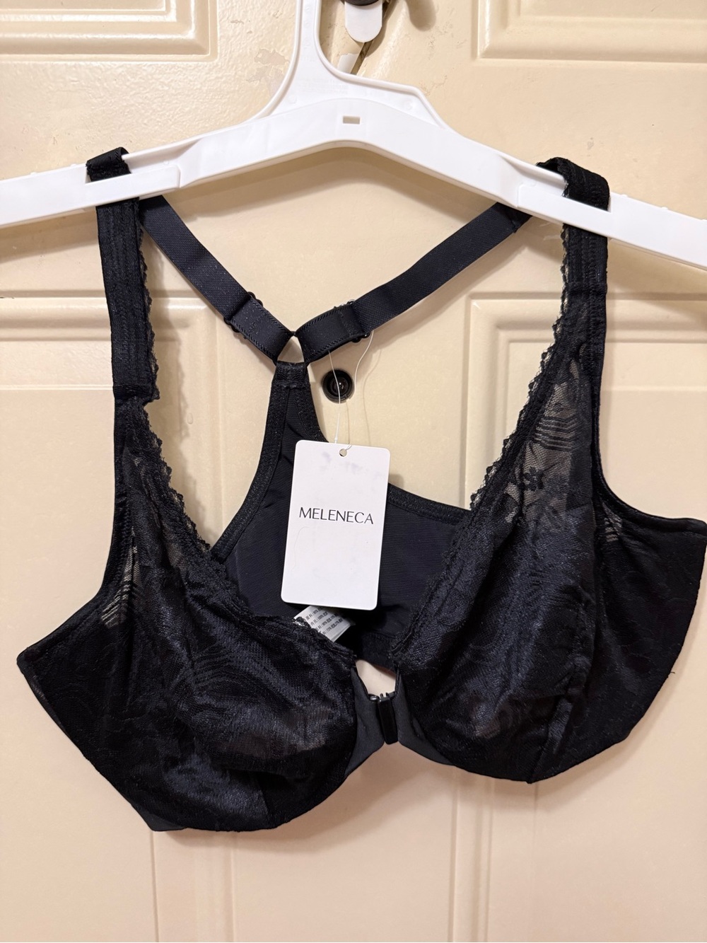 Meleneca Black Lace Underwire Front Fastening Bra Racerback Size 38D